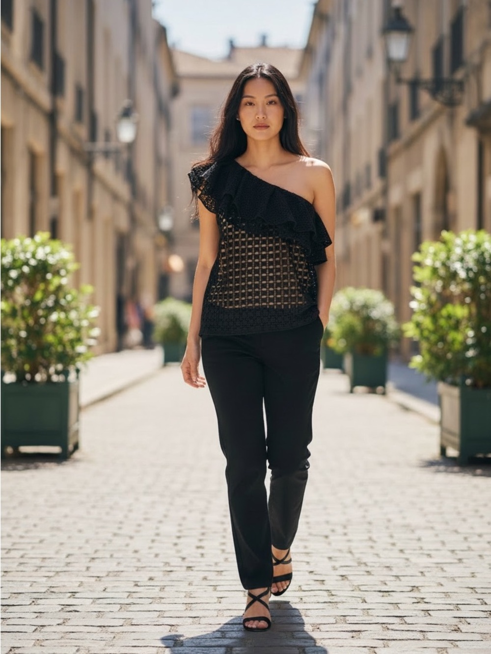 J. Crew Black Eyelet Ruffle Off-Shoulder Top with Nude Lining